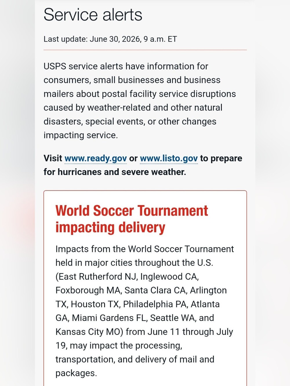 USPS Still Experiencing Delays Due To The World Soccer Tournament